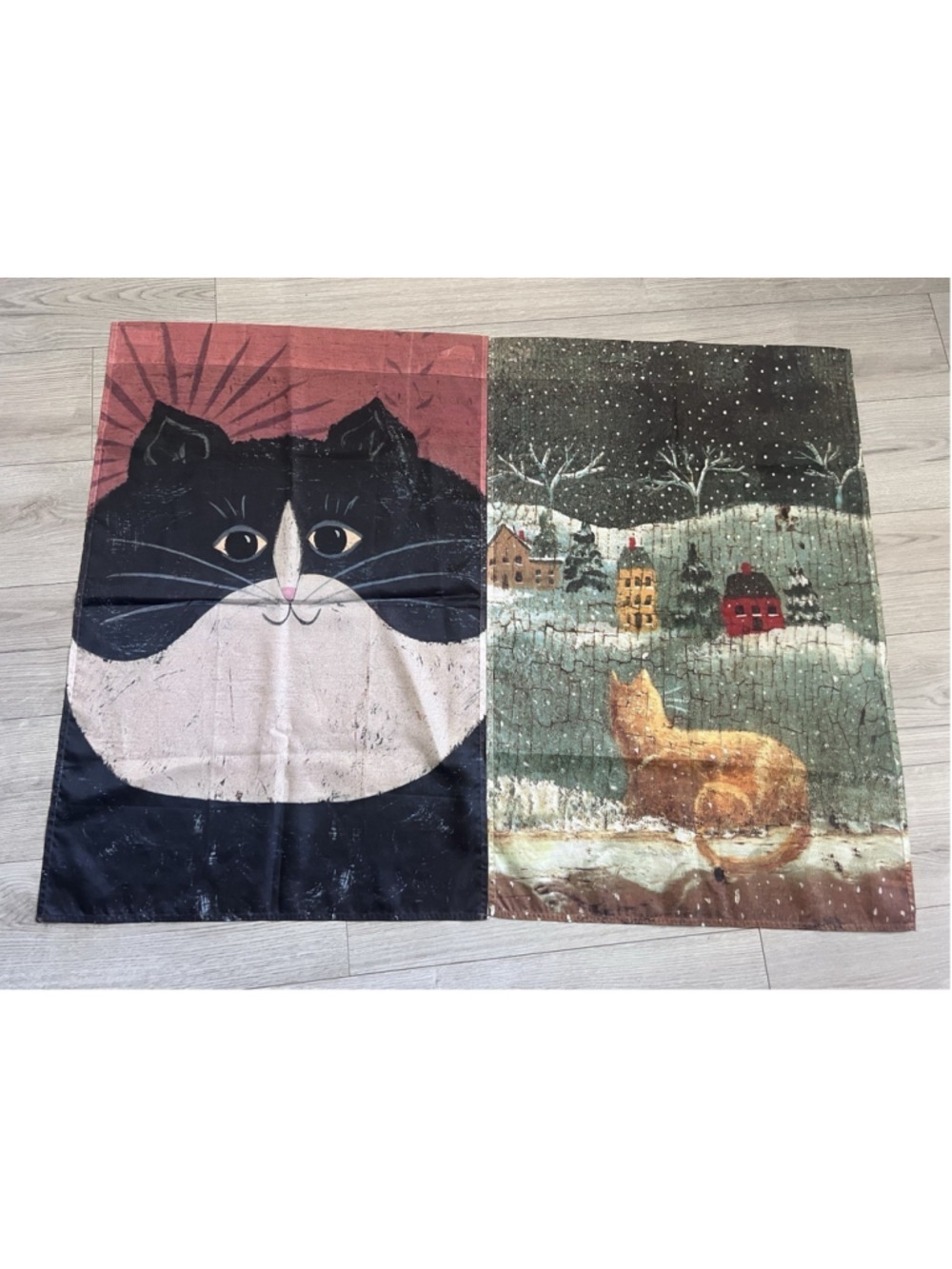 Decorative House Porch Flag - Tuxedo Cat & Primitive Winter Scene W Cat 23 X 35